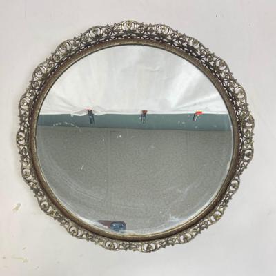 Brass 11 inch diameter Mirrored Dresser Tray with Filigree edge
