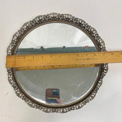 Brass 11 inch diameter Mirrored Dresser Tray with Filigree edge