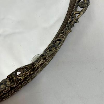 Brass 11 inch diameter Mirrored Dresser Tray with Filigree edge
