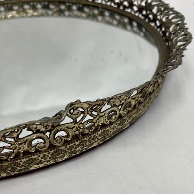 Brass 11 inch diameter Mirrored Dresser Tray with Filigree edge