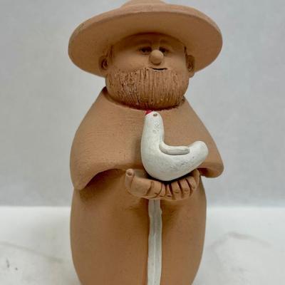 Made in Chile signed Terracotta Monk Figurine holding Dove Swallow white bird