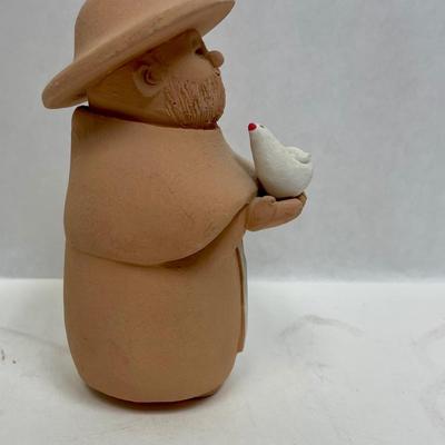 Made in Chile signed Terracotta Monk Figurine holding Dove Swallow white bird