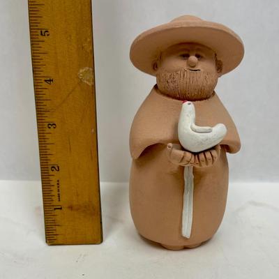 Made in Chile signed Terracotta Monk Figurine holding Dove Swallow white bird