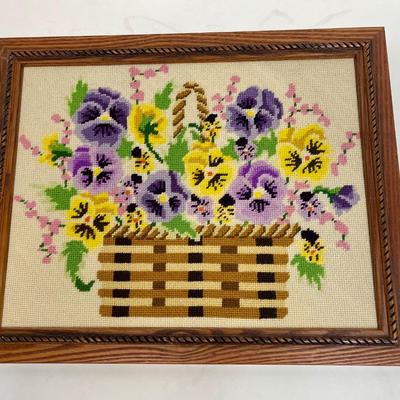Framed Cross Stitch Still-life of Pansies in a Basket
