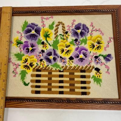 Framed Cross Stitch Still-life of Pansies in a Basket