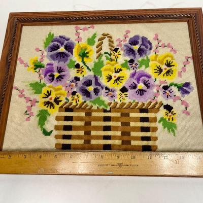 Framed Cross Stitch Still-life of Pansies in a Basket