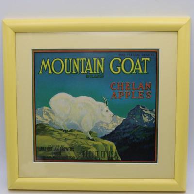 Framed Vintage 1940s Mountain Goat Chelan Apples Fruit Crate Box Label