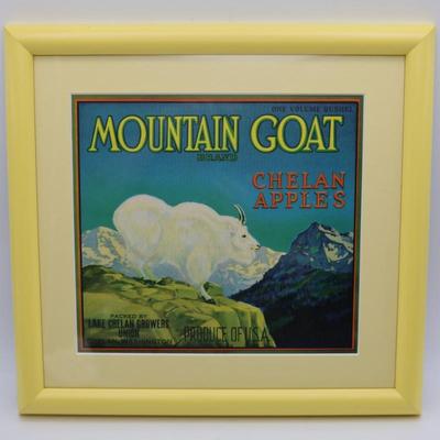 Framed Vintage 1940s Mountain Goat Chelan Apples Fruit Crate Box Label