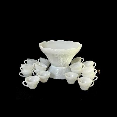 ANCHOR HOCKING ~ Grapes ~ Pair (2) Milk Glass Punch Bowl With Twenty (20) Cups