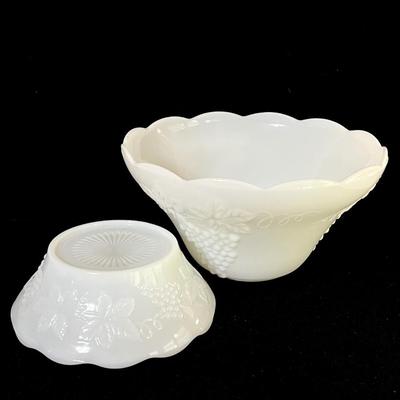 ANCHOR HOCKING ~ Grapes ~ Pair (2) Milk Glass Punch Bowl With Twenty (20) Cups