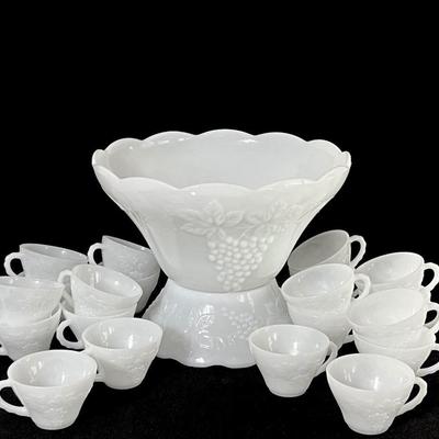 ANCHOR HOCKING ~ Grapes ~ Pair (2) Milk Glass Punch Bowl With Twenty (20) Cups