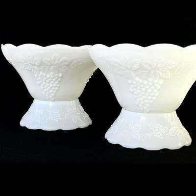 ANCHOR HOCKING ~ Grapes ~ Pair (2) Milk Glass Punch Bowl With Twenty (20) Cups