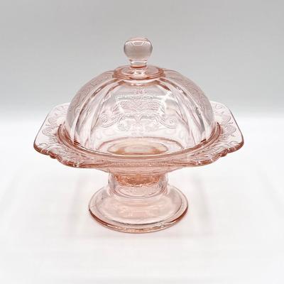 Pink Depression Footed Lidded Glass Dish