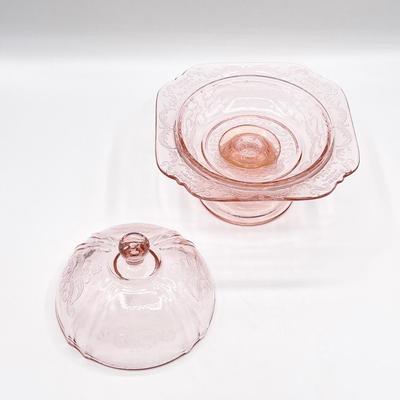 Pink Depression Footed Lidded Glass Dish