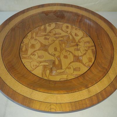 Turned Footed Wood Bowl with Fish Design by Bobby Phillips- Walnut- Approx 17" in Diameter (#54)