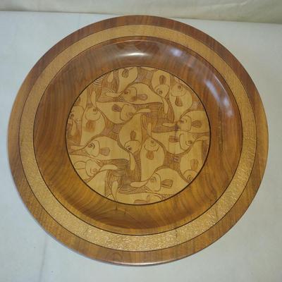 Turned Footed Wood Bowl with Fish Design by Bobby Phillips- Walnut- Approx 17" in Diameter (#54)