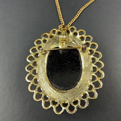 -100- CAMEO | Gold Tone & Black Necklace | Brooch