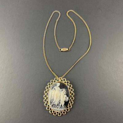 -100- CAMEO | Gold Tone & Black Necklace | Brooch