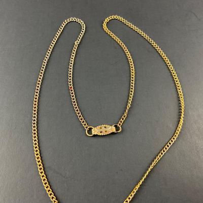 -100- CAMEO | Gold Tone & Black Necklace | Brooch