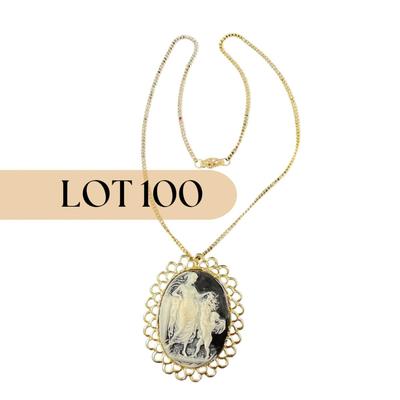 -100- CAMEO | Gold Tone & Black Necklace | Brooch