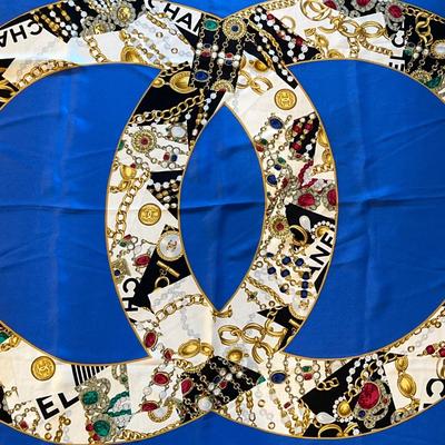 Chanel Blue Logo Vintage Silk Scarf