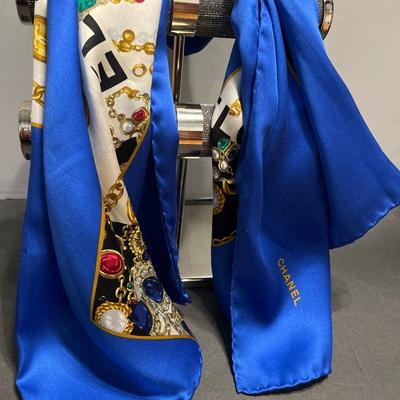 Chanel Blue Logo Vintage Silk Scarf