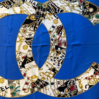 Chanel Blue Logo Vintage Silk Scarf