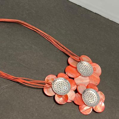 Coral Toned Mother of Pearl Flower Necklace