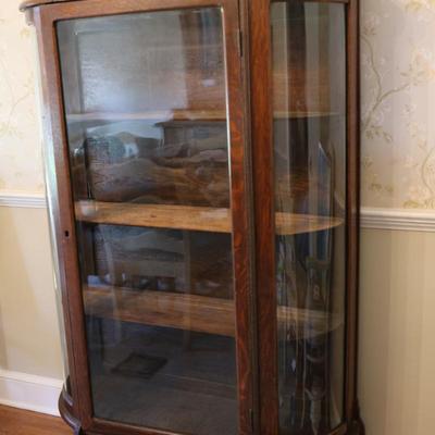 Antique Curved Glass Curio Cabinet w/ Mirror