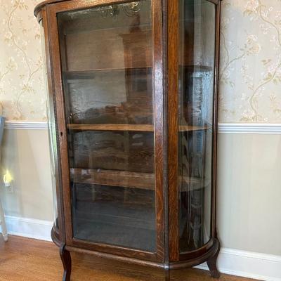 Antique Curved Glass Curio Cabinet w/ Mirror