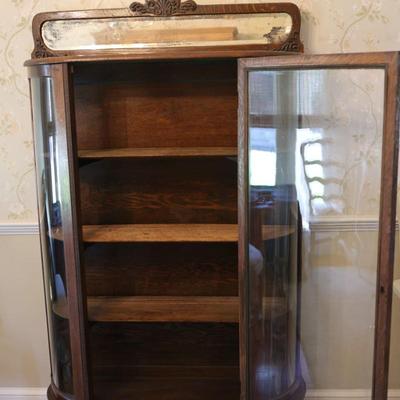 Antique Curved Glass Curio Cabinet w/ Mirror