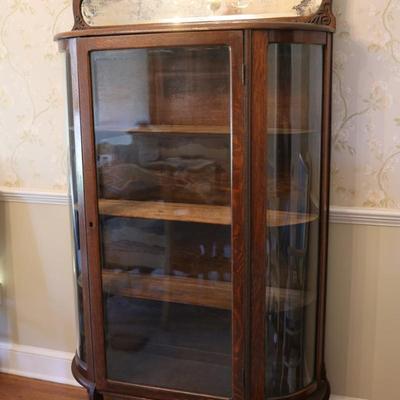 Antique Curved Glass Curio Cabinet w/ Mirror