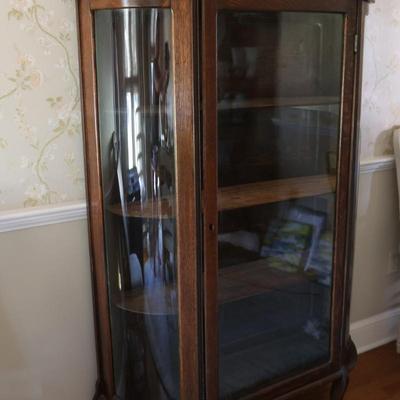 Antique Curved Glass Curio Cabinet w/ Mirror
