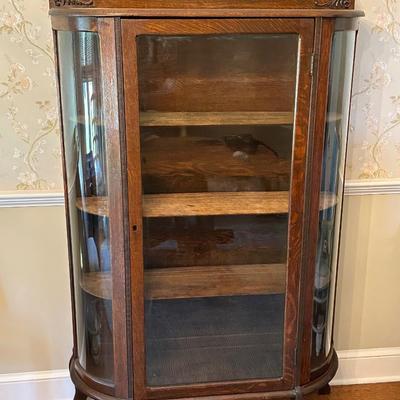 Antique Curved Glass Curio Cabinet w/ Mirror