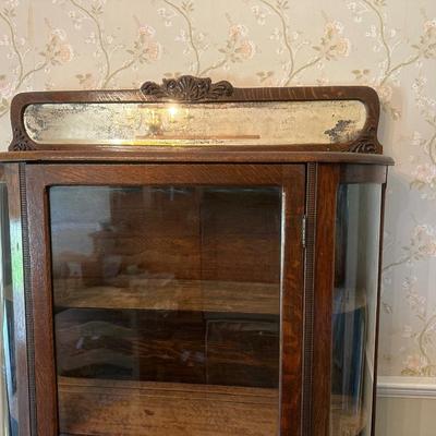 Antique Curved Glass Curio Cabinet w/ Mirror