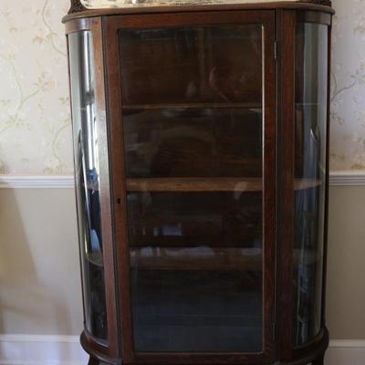 Antique Curved Glass Curio Cabinet w/ Mirror