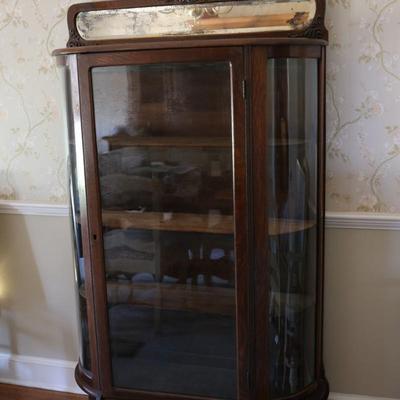 Antique Curved Glass Curio Cabinet w/ Mirror
