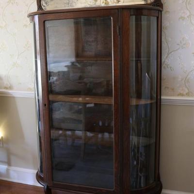 Antique Curved Glass Curio Cabinet w/ Mirror