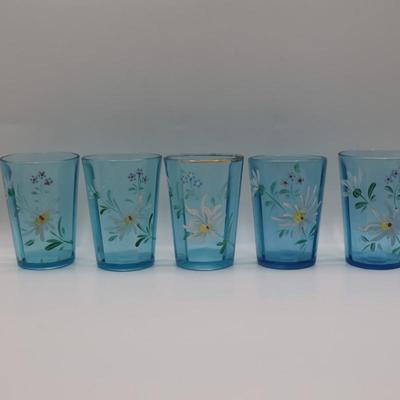 Hand Painted Teal Glass Floral Tumblers - Set of (6)