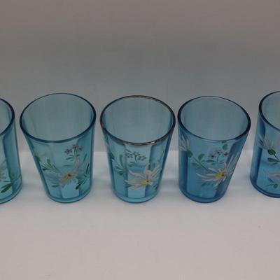 Hand Painted Teal Glass Floral Tumblers - Set of (6)