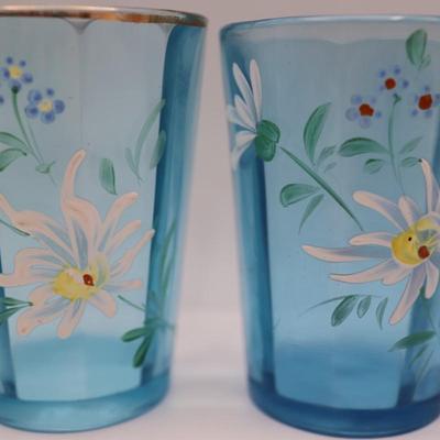 Hand Painted Teal Glass Floral Tumblers - Set of (6)