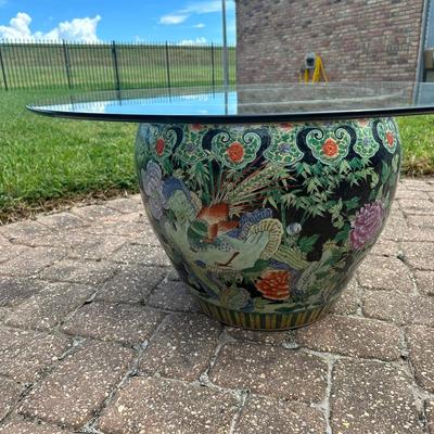 Chinese Glass Topped Fish Bowl Planter Table
