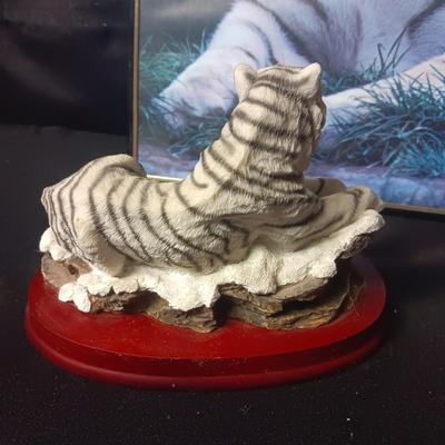 2 WHITE TIGER STATUES AND A FRAMED POSTER