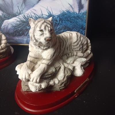 2 WHITE TIGER STATUES AND A FRAMED POSTER