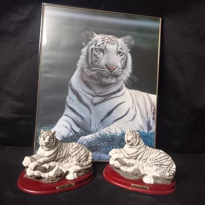 2 WHITE TIGER STATUES AND A FRAMED POSTER