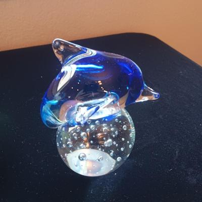 GLASS DOLPHIN PAPERWEIGHT AND GLASS FLOWER