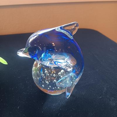 GLASS DOLPHIN PAPERWEIGHT AND GLASS FLOWER