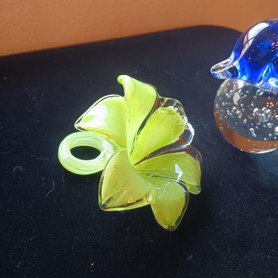 GLASS DOLPHIN PAPERWEIGHT AND GLASS FLOWER