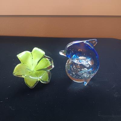 GLASS DOLPHIN PAPERWEIGHT AND GLASS FLOWER