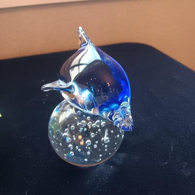 GLASS DOLPHIN PAPERWEIGHT AND GLASS FLOWER